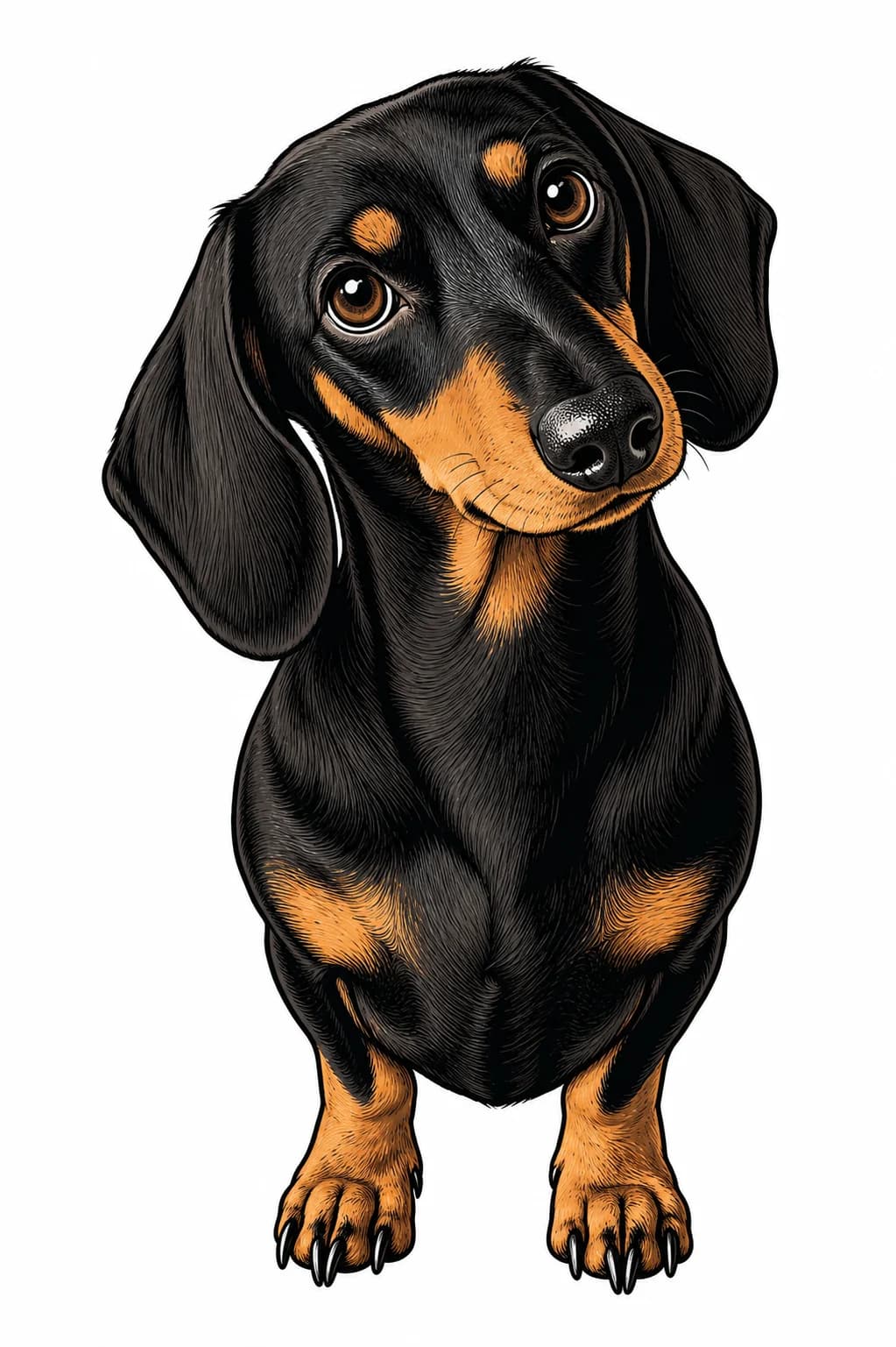 An illustrative color tattoo concept preserving the dachshund's long ears, markings, head angle, and curious expression