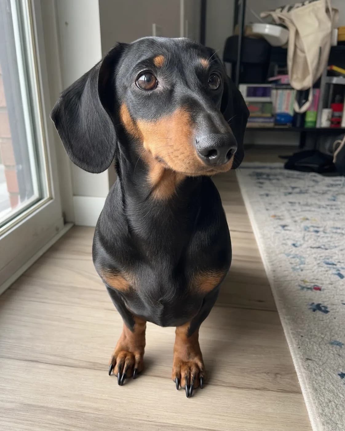 A casual phone photo of a black-and-tan dachshund standing indoors