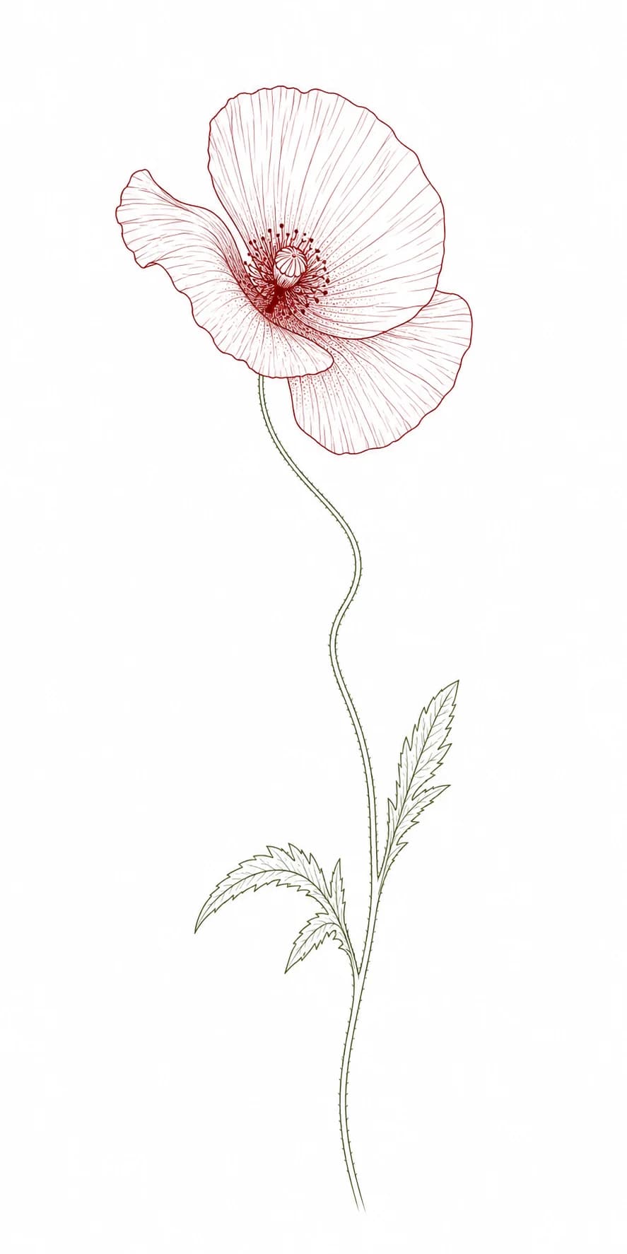 A fine-line red and green tattoo concept preserving the poppy's tilted bloom and curved stem