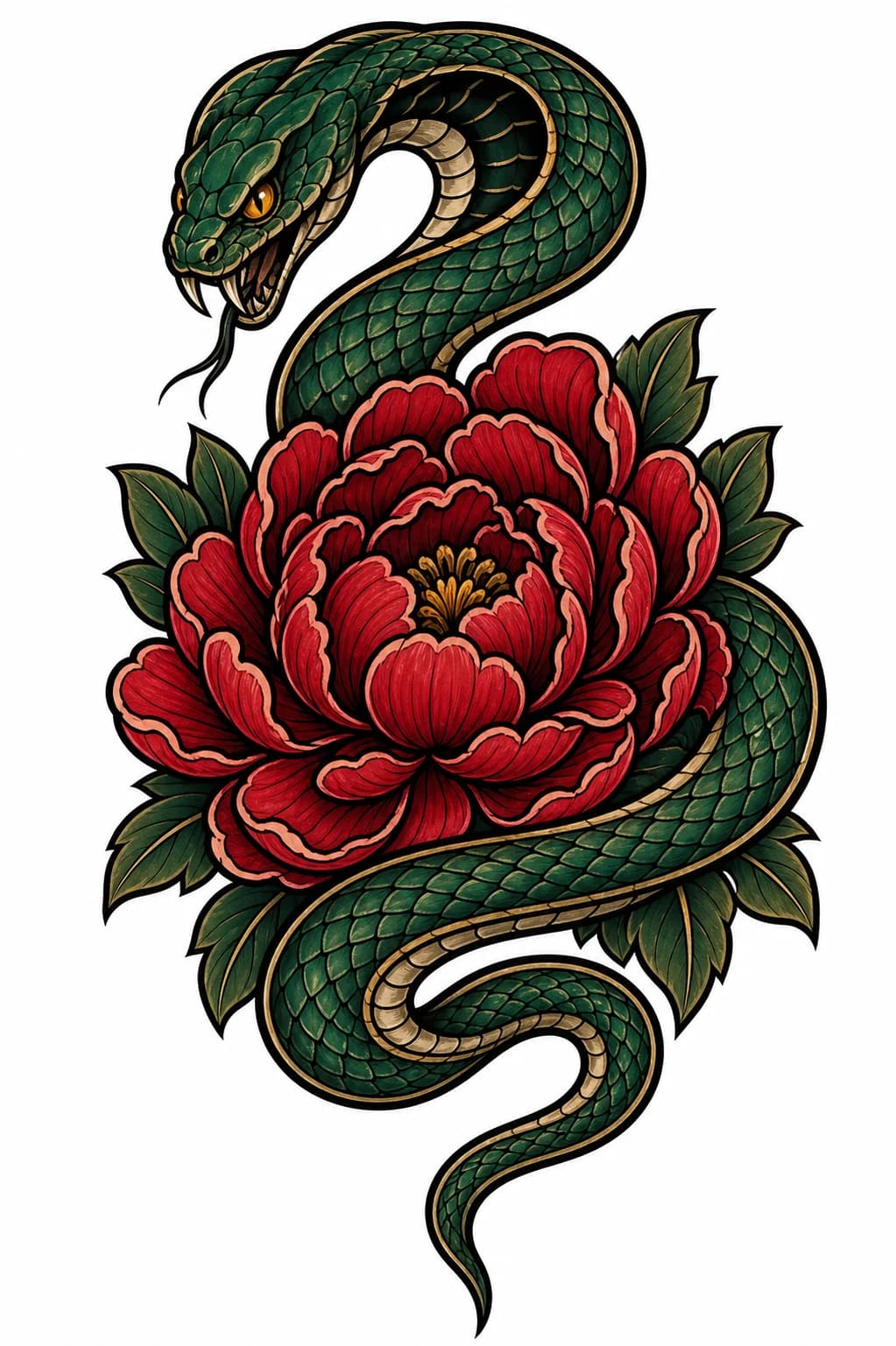 A Neo-Traditional tattoo concept of an emerald snake curling around a red peony
