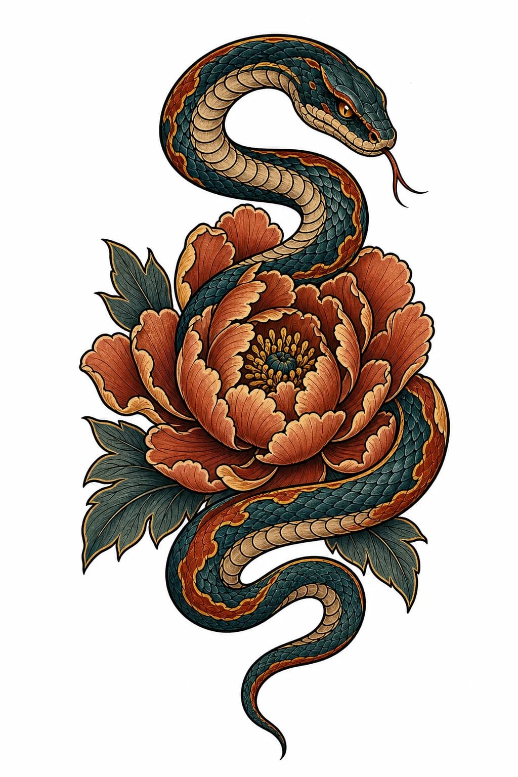 A Neo-Traditional tattoo concept of a teal and rust snake weaving around a copper peony