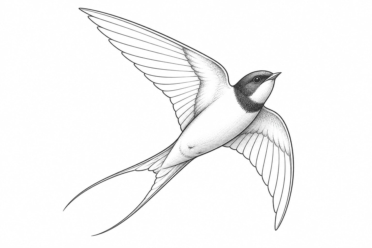 A black-and-grey fine-line tattoo concept of a swallow banking in flight