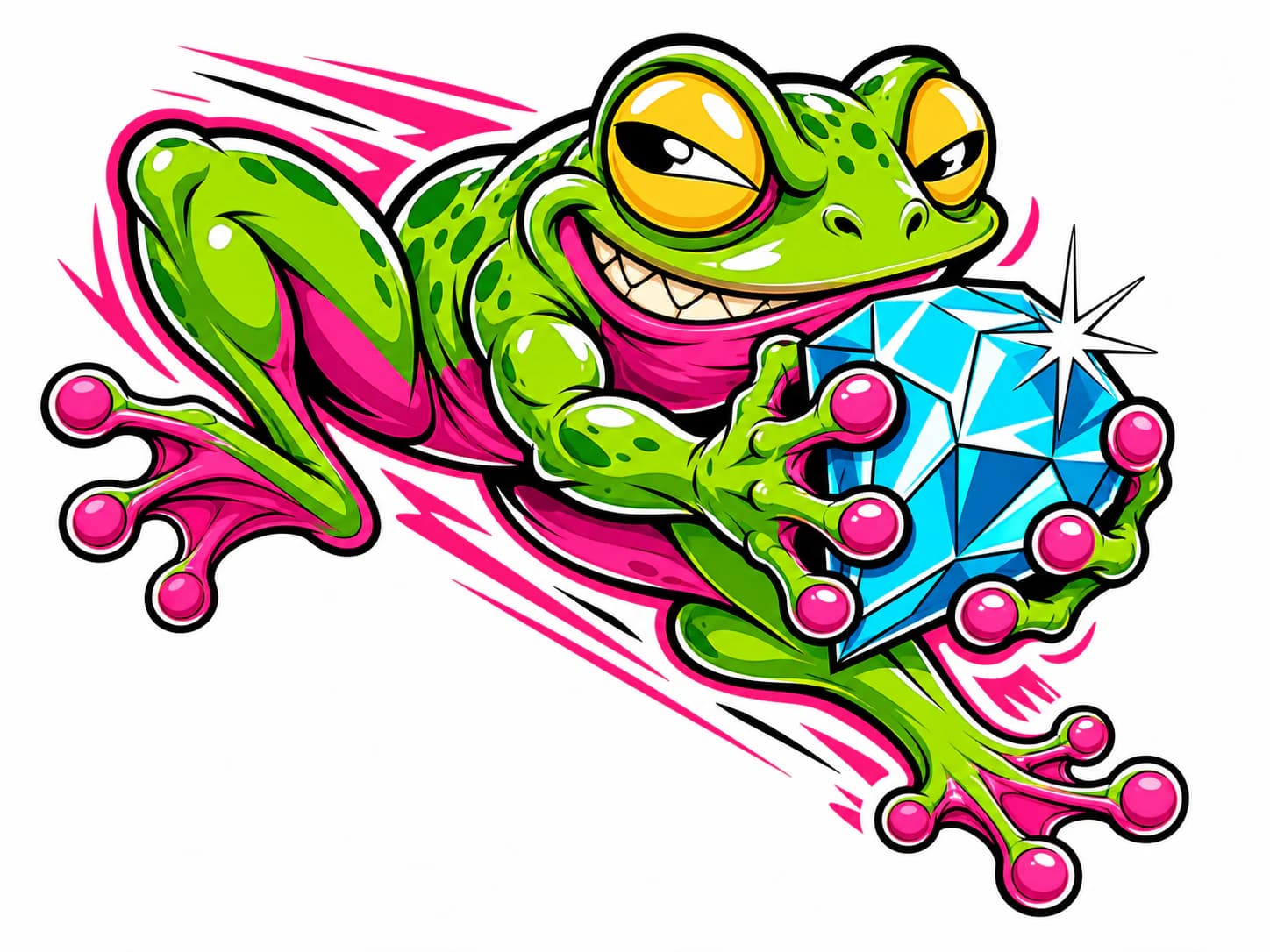 A colorful New School tattoo concept of a mischievous frog stealing a blue gem