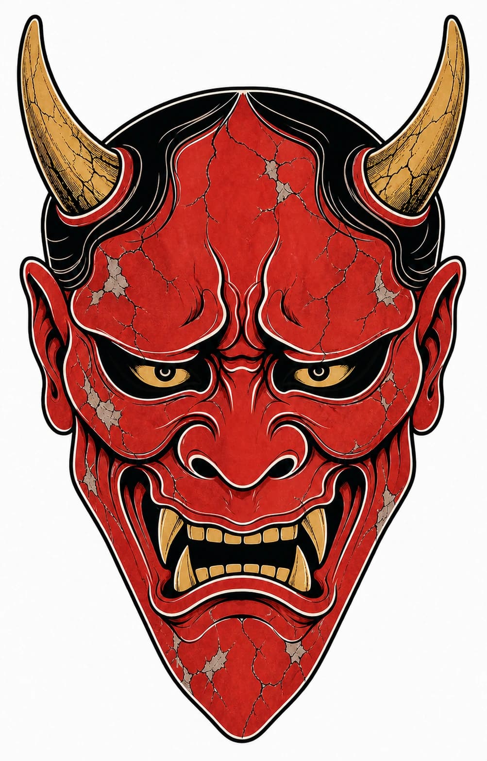 A weathered red Hannya mask tattoo concept with gold horns and focused eyes