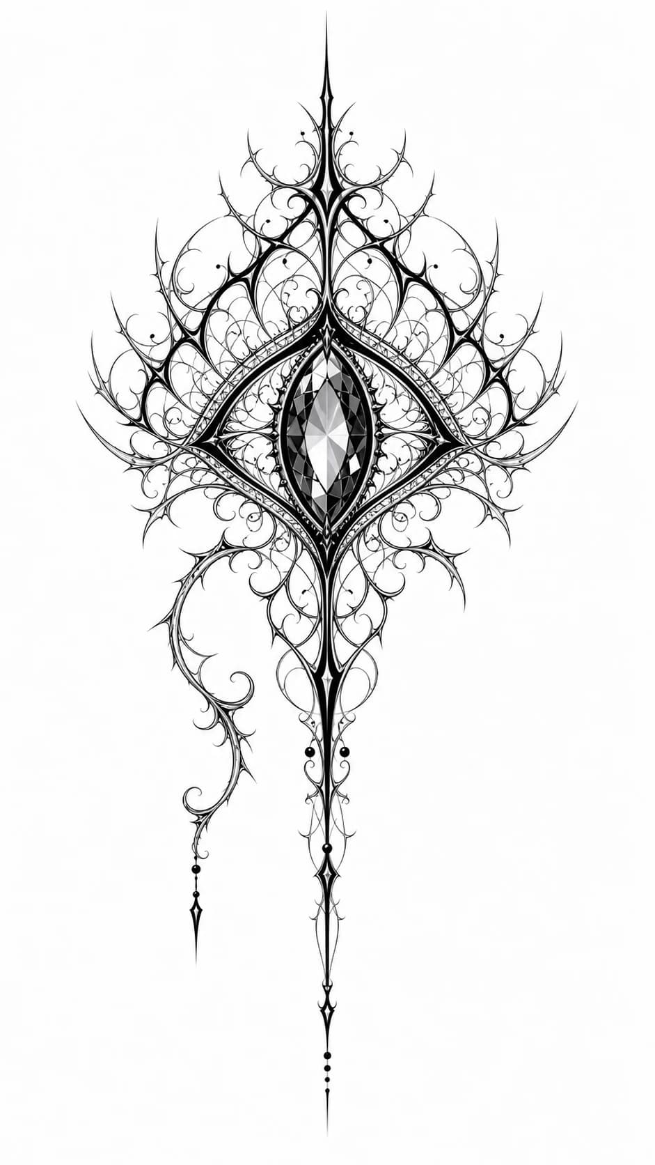 A vertical ornamental tattoo concept of a faceted protective eye surrounded by thorned filigree