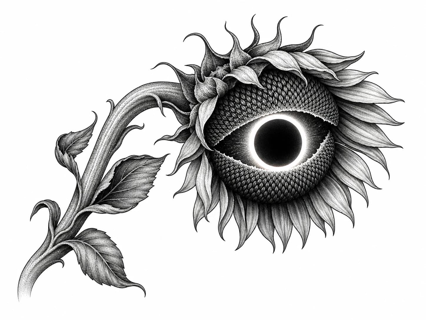 AI-generated blackwork sunflower tattoo concept with an eclipse at its center