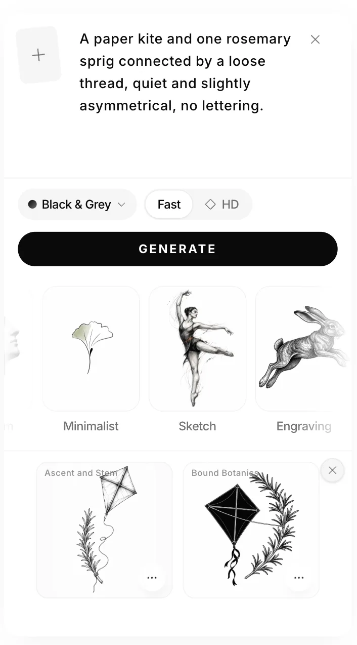 BeforeOuch Generator showing the paper kite and rosemary input, selected controls, and two generated directions