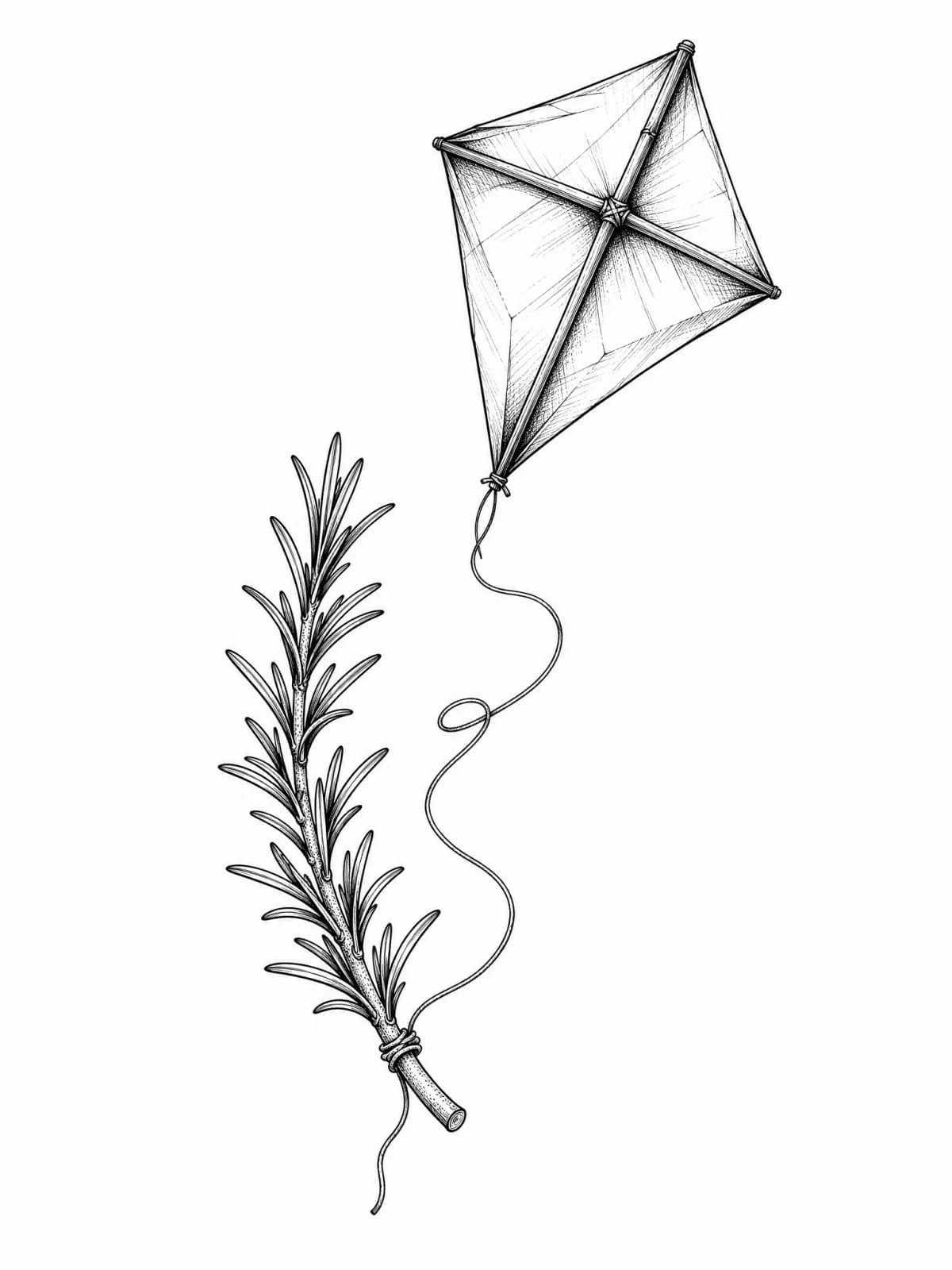 Tall black-and-grey concept with a paper kite above a rosemary sprig and a loose curving thread