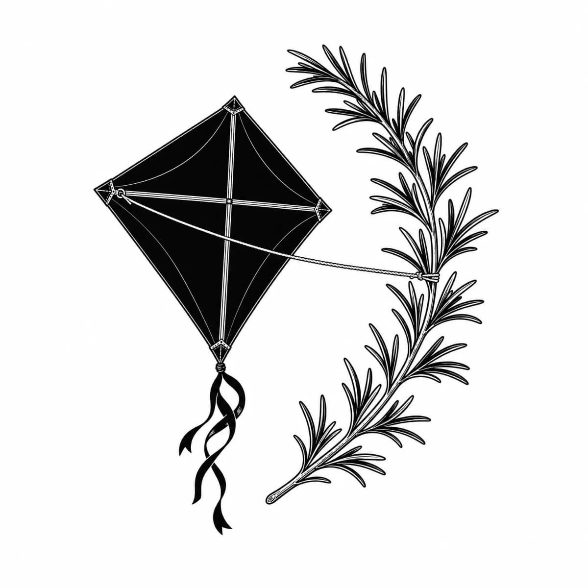 Compact black-and-grey concept with a dark paper kite tied directly to a curved rosemary sprig
