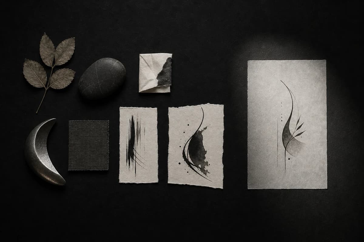 Scattered objects and material studies narrowing into one focused black-ink visual direction