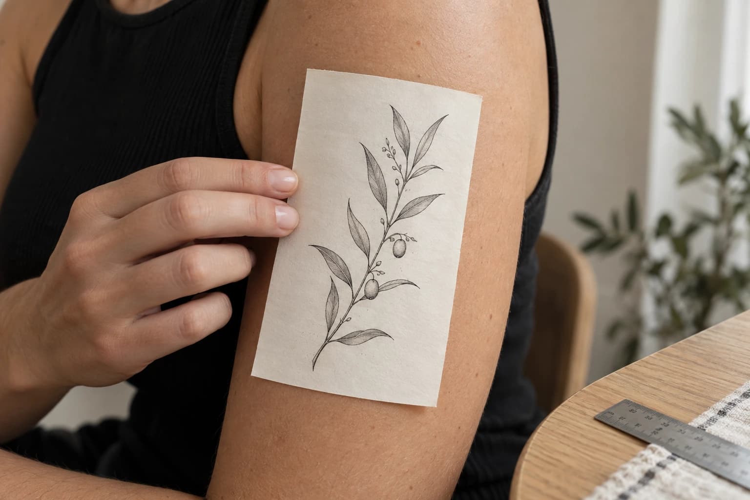 Generated scene of a hand holding an olive-branch paper template against a bare upper arm, with a ruler on the nearby table