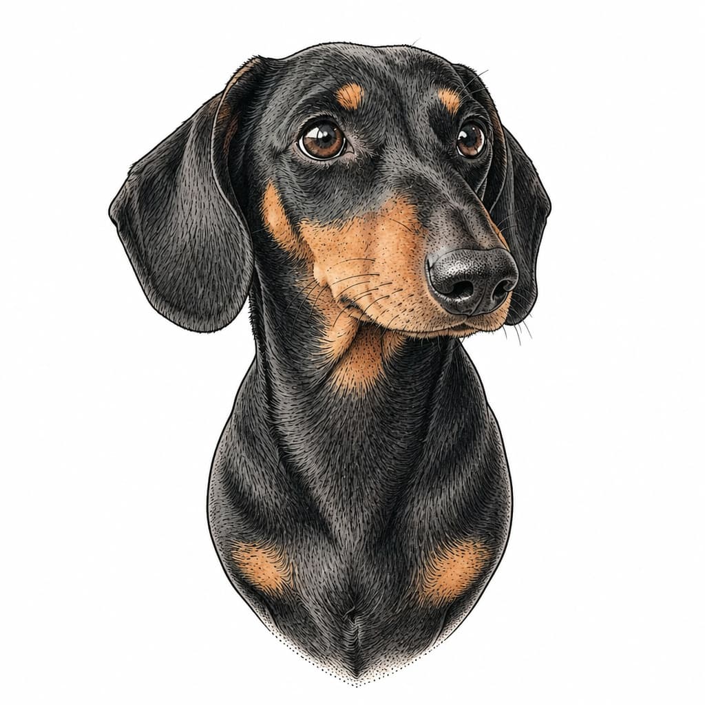 Illustrative tattoo concept preserving the dachshund's ears, markings, and expression