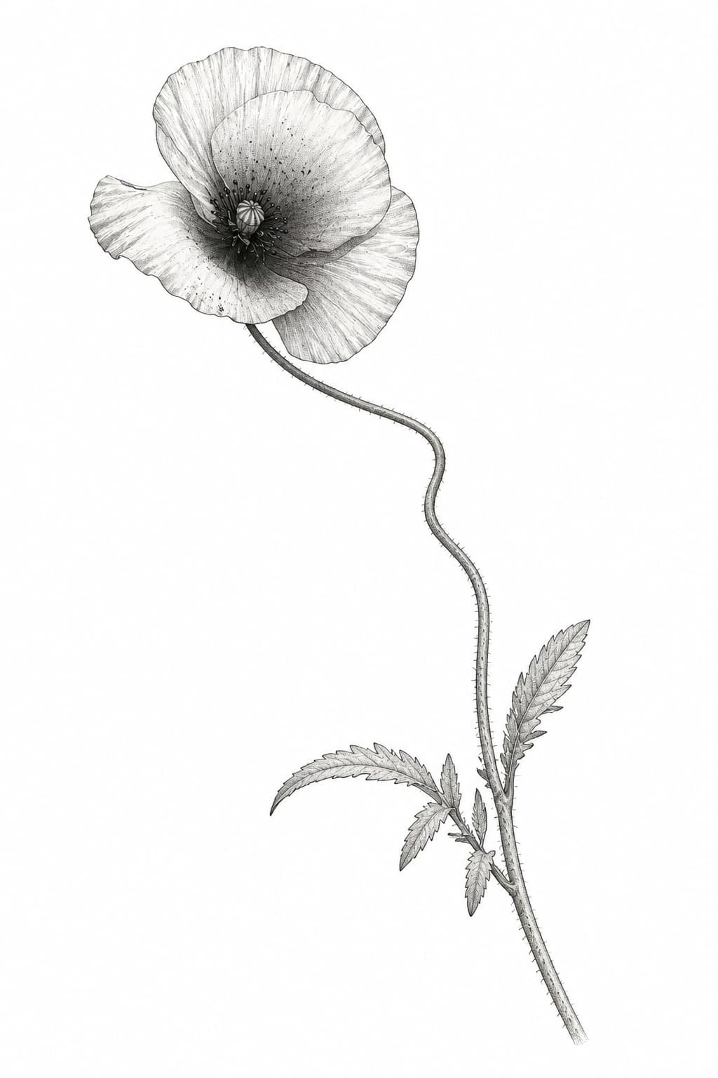 Fine-line tattoo concept preserving the poppy's tilted bloom and curved stem