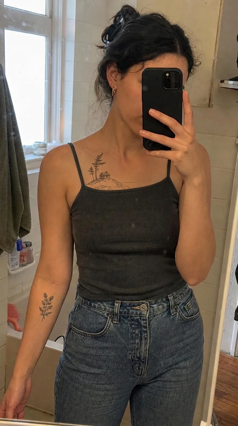Cabin and pine tree tattoo preview placed along the collarbone