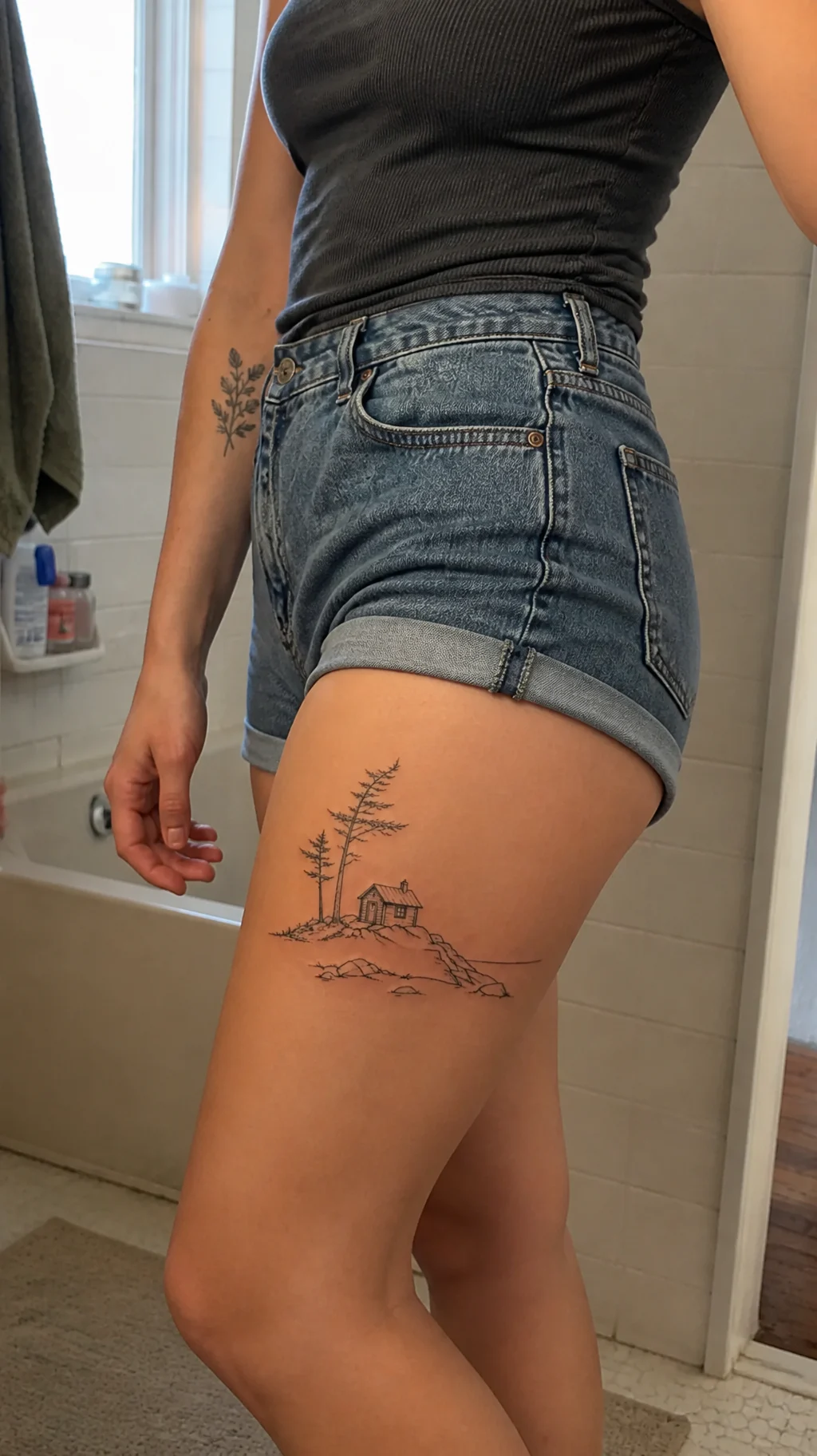 Cabin and pine tree tattoo preview placed on the outer thigh